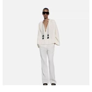 Zara Womans Tasseled Blouse Shirt Top Size M White Linen Blend 3433/709 NWT